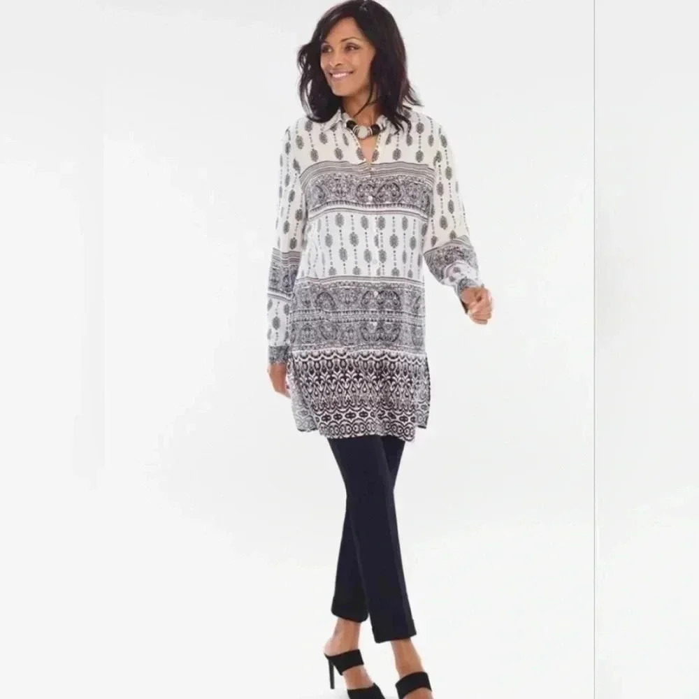 Chico's White and Black Printed Tunic